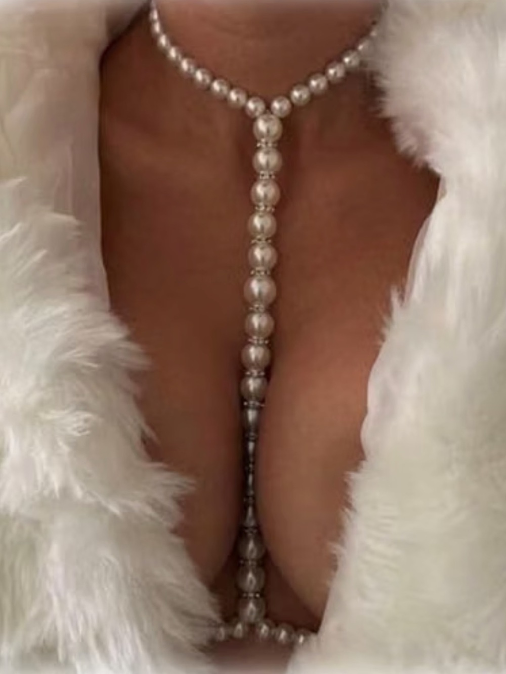 Body jewelry chain necklace harness white pearl festival choker rave club sexy